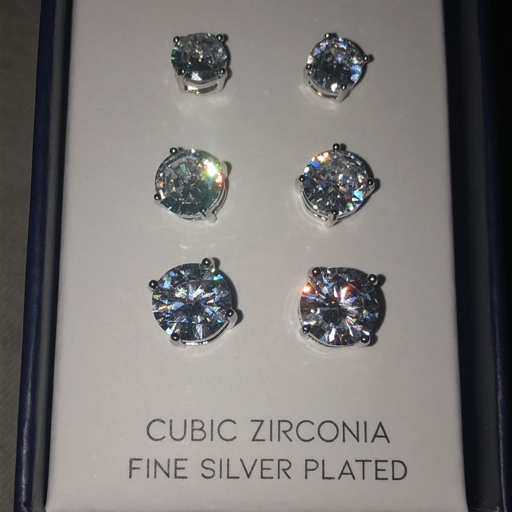 Three Pairs of Cubic Zirconia Fine Silver Plated Diamond Earrings in Box